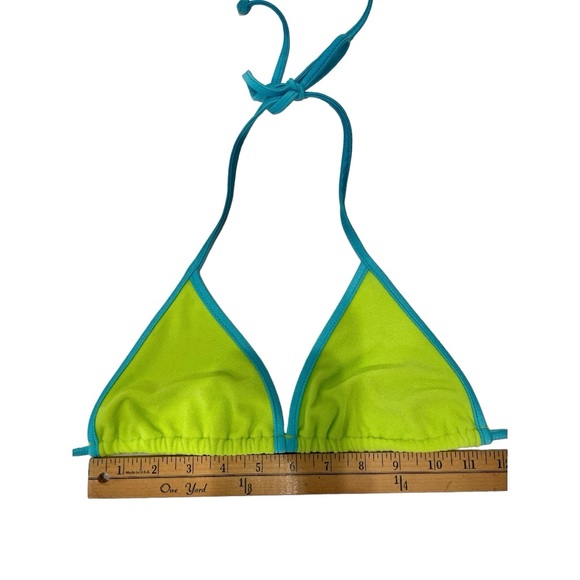 FRANKIES BIKINIS BIKINI TOP. LIME GREEN WITH TURQUOISE EDGING & TIES. SIZE LARGE - Picture 3 of 4
